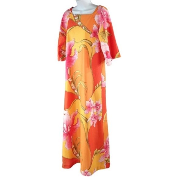 Hawaiian Togs Womens Maxi Dress 12 Vibrant Vtg 60s Orange Square Neck Elbow Slv - Picture 3 of 7